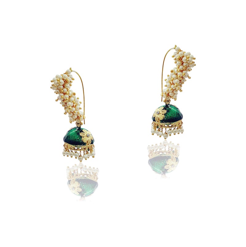 Moonstruck Golden Meenakari Jhumkas With White Pearls For Women (Green) - Image 5